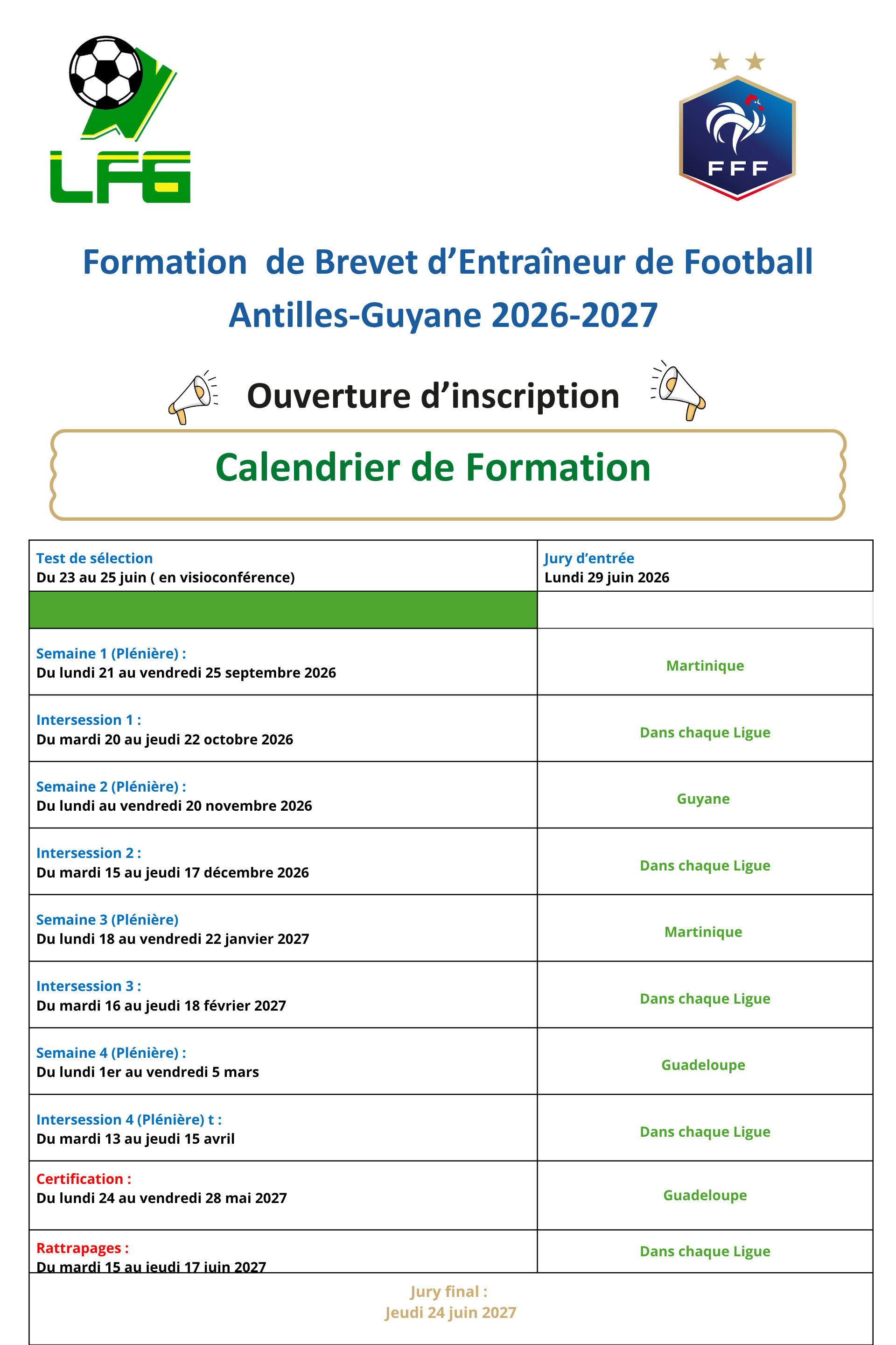 Ouverture des inscriptions – Brevet d’Entraîneur de Football Antilles-Guyane 2026-2027
